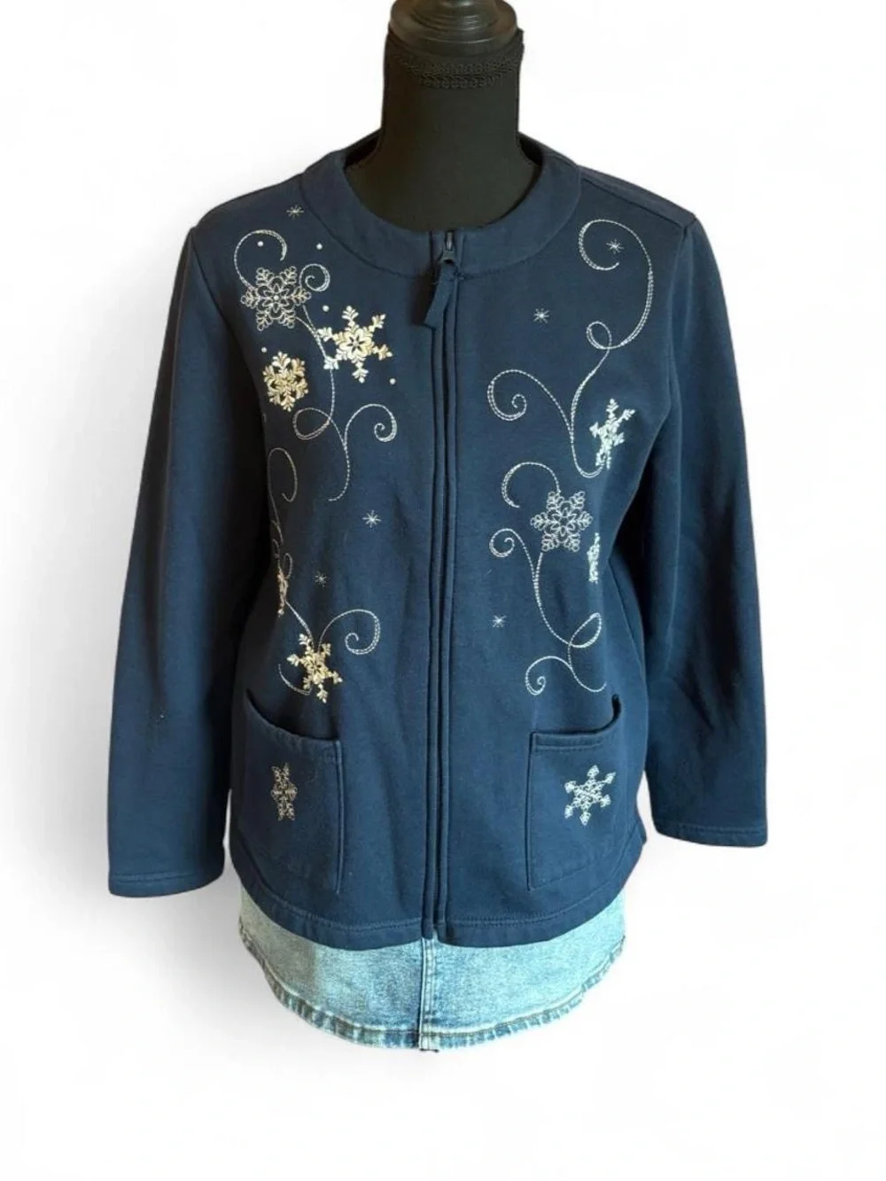 Breckenridge Women's Navy Embroidered Zip-Front Jacket, Size PM